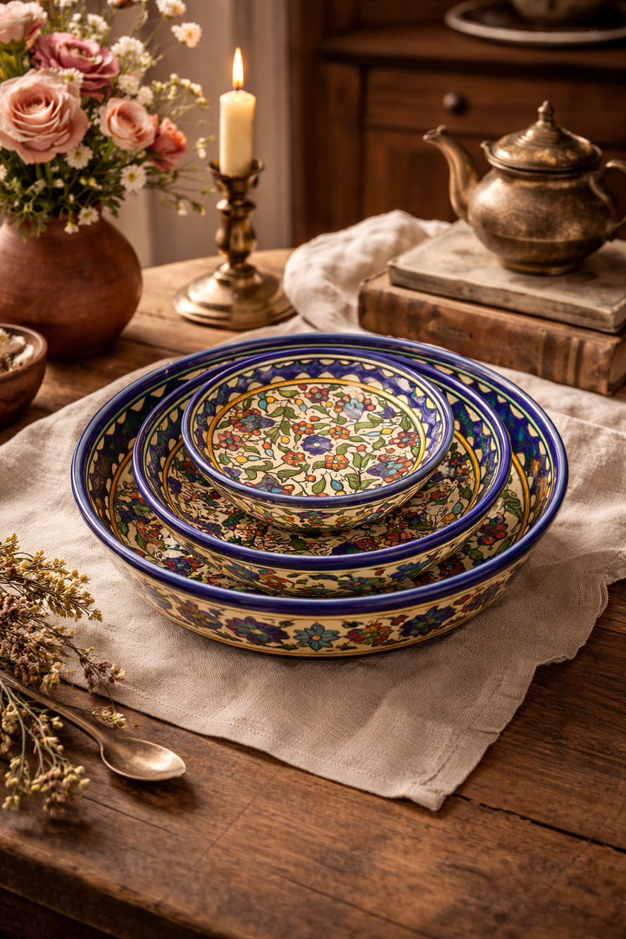 Set of 3 Hand Painted Round Multicolor Floral Trays Bowls Boho